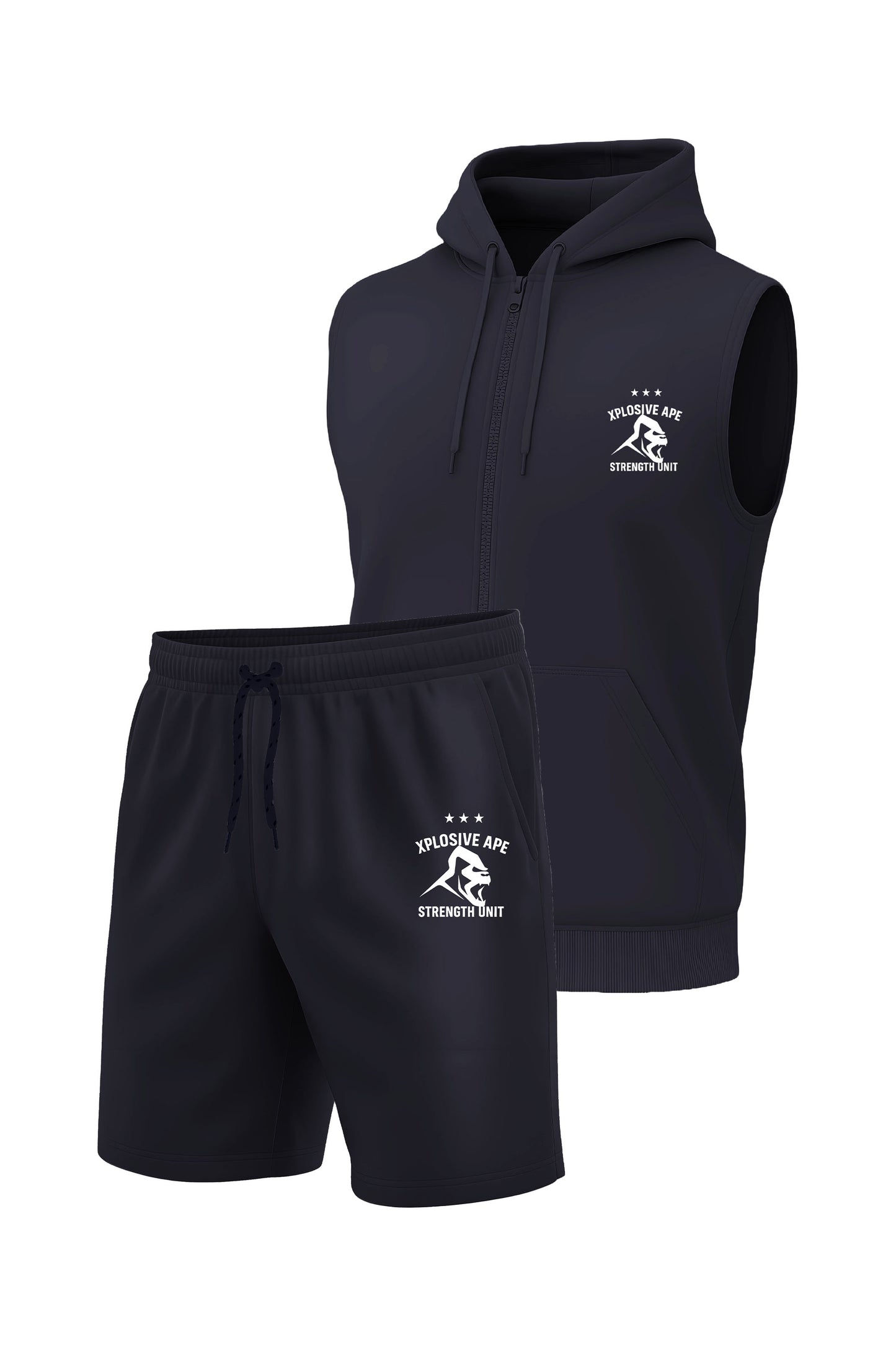XAPE Strength Unit Sleeveless Hoodie & Shorts Combo - Navy