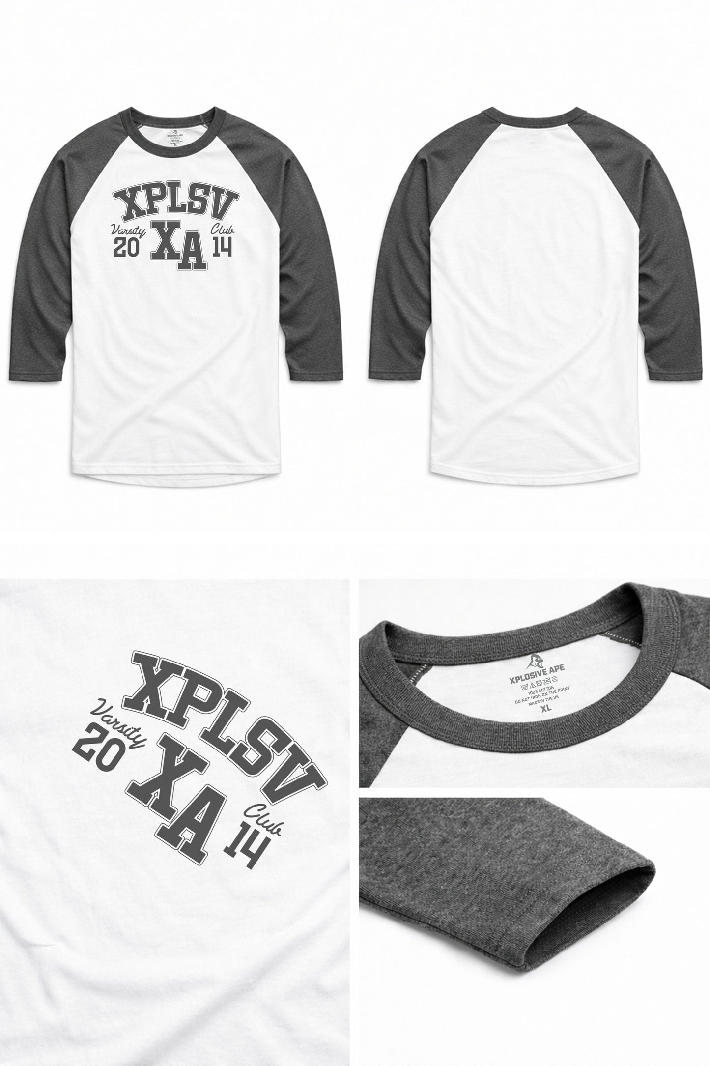 XAPE Speed Camp Raglan 3/4 Sleeve Tee - White/Dark Heather