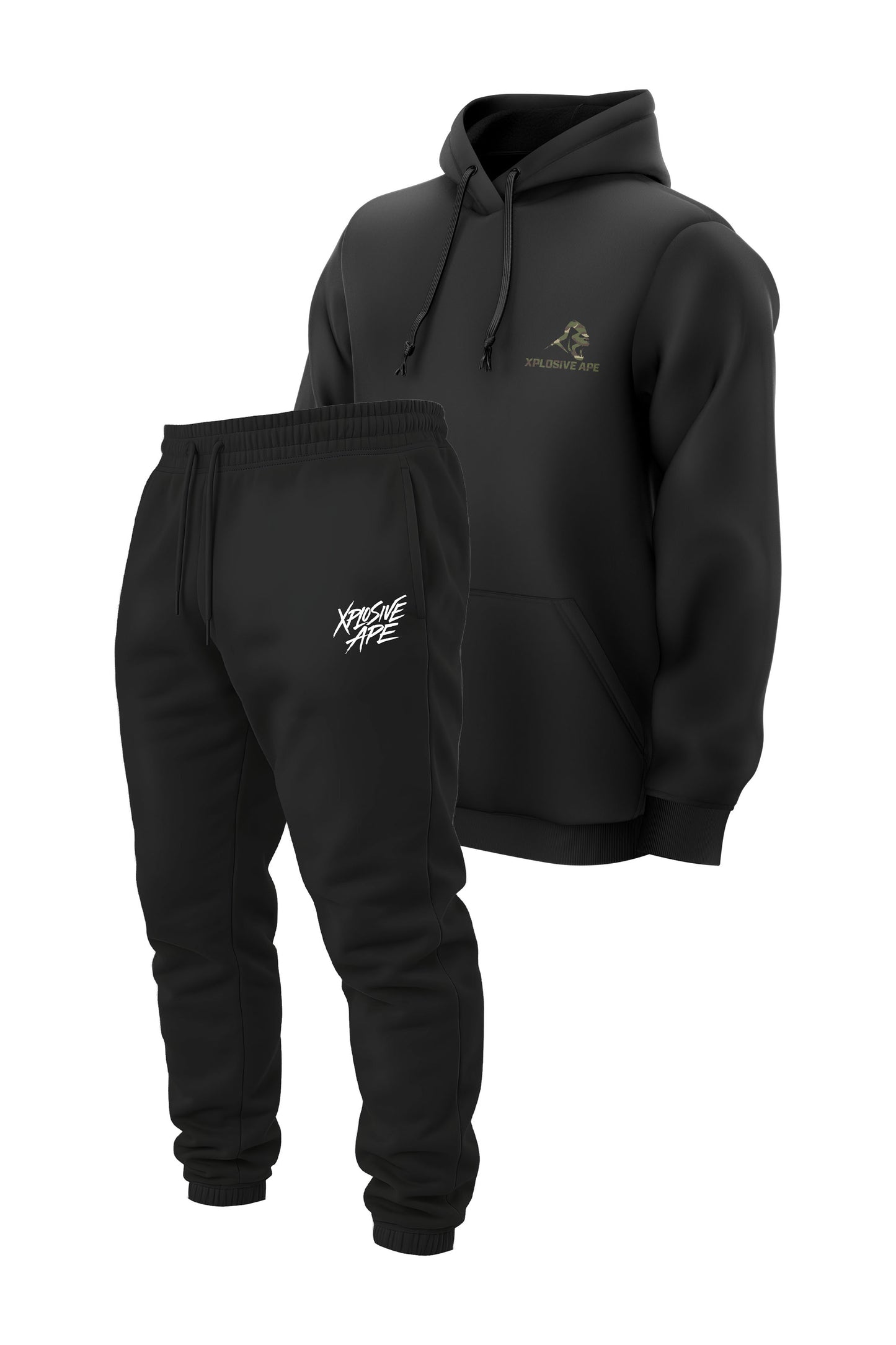 XAPE Essential Camo String Hoodie & Classic Brush Script Joggers Combo - Black