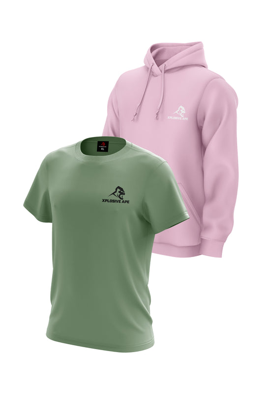 XAPE Classic String Hoodie & Logo Tee Combo - Light Pink/Sage