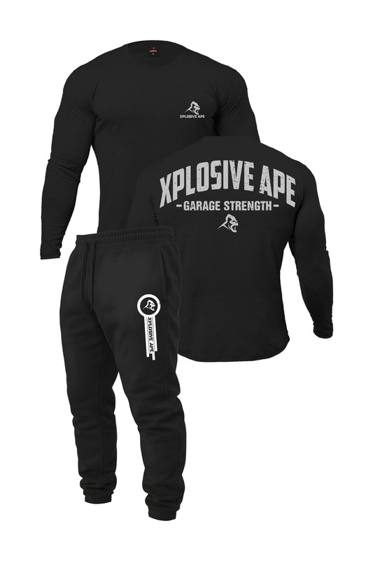 XAPE Garage Strength Long Sleeve Tee & Panelled V2 Joggers Combo - Black