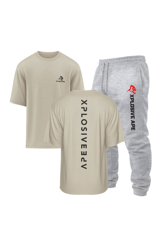 XAPE Futuristic V2 Oversized Tee & Originals V2 Joggers Combo - Sand/Ash Grey