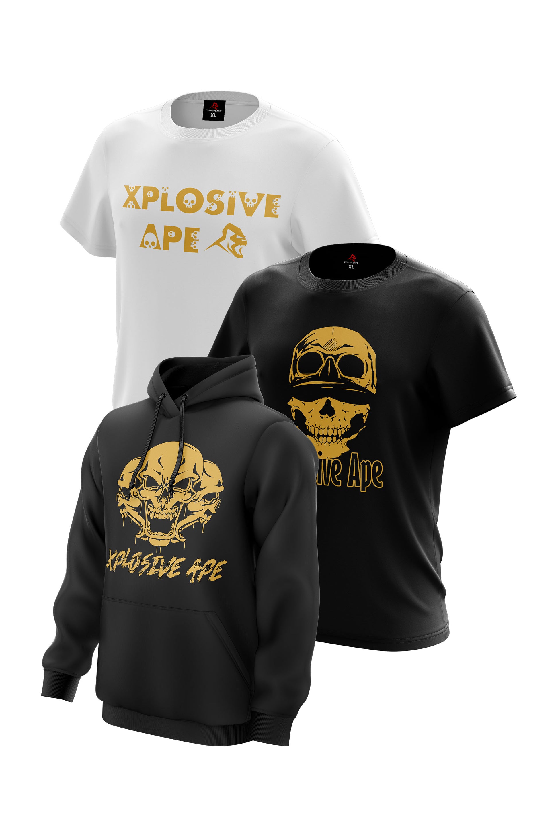 XAPE Golden Skulls Hoodie & 2 Tees Combo - Black/White